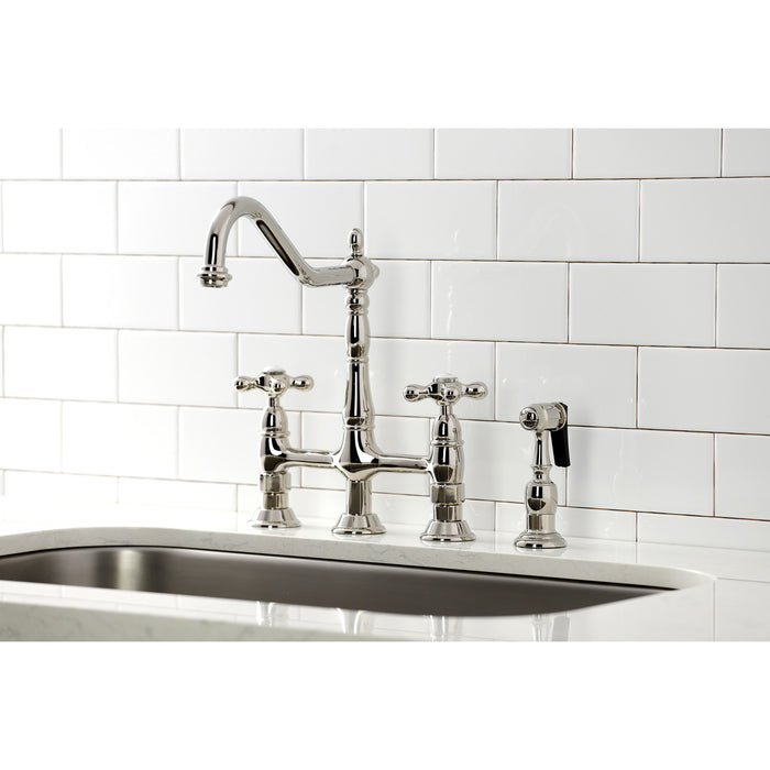 Heritage KS1276AXBS Two-Handle 4-Hole Deck Mount Bridge Kitchen Faucet with Brass Side Sprayer, Polished Nickel