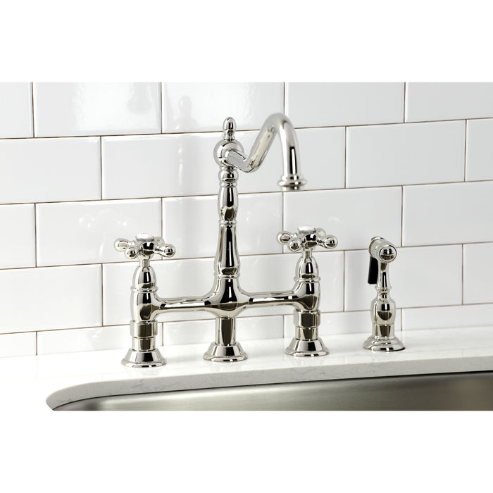 Heritage KS1276AXBS Two-Handle 4-Hole Deck Mount Bridge Kitchen Faucet with Brass Side Sprayer, Polished Nickel