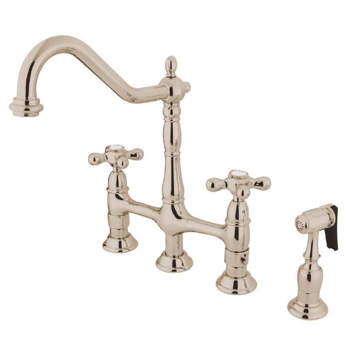 Heritage KS1276AXBS Two-Handle 4-Hole Deck Mount Bridge Kitchen Faucet with Brass Side Sprayer, Polished Nickel