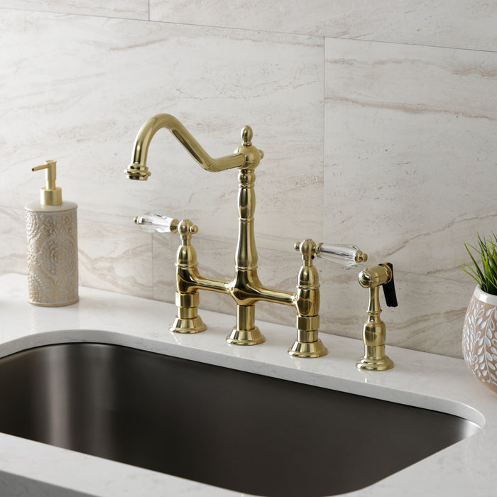 Wilshire KS1277WLLBS Two-Handle 4-Hole Deck Mount Bridge Kitchen Faucet with Brass Side Sprayer, Brushed Brass