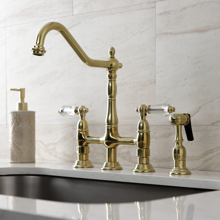 Wilshire KS1277WLLBS Two-Handle 4-Hole Deck Mount Bridge Kitchen Faucet with Brass Side Sprayer, Brushed Brass