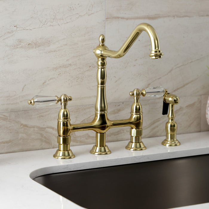 Wilshire KS1277WLLBS Two-Handle 4-Hole Deck Mount Bridge Kitchen Faucet with Brass Side Sprayer, Brushed Brass