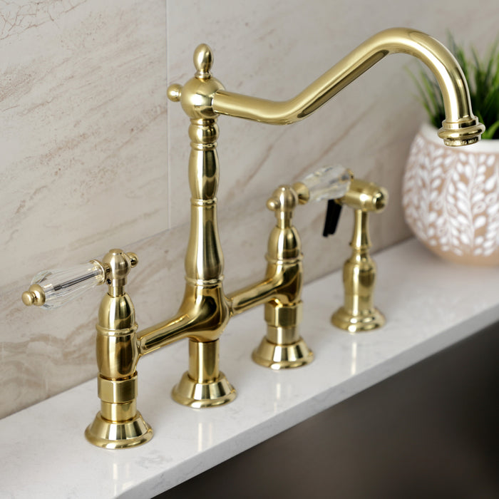 Wilshire KS1277WLLBS Two-Handle 4-Hole Deck Mount Bridge Kitchen Faucet with Brass Side Sprayer, Brushed Brass