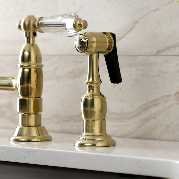 Wilshire KS1277WLLBS Two-Handle 4-Hole Deck Mount Bridge Kitchen Faucet with Brass Side Sprayer, Brushed Brass