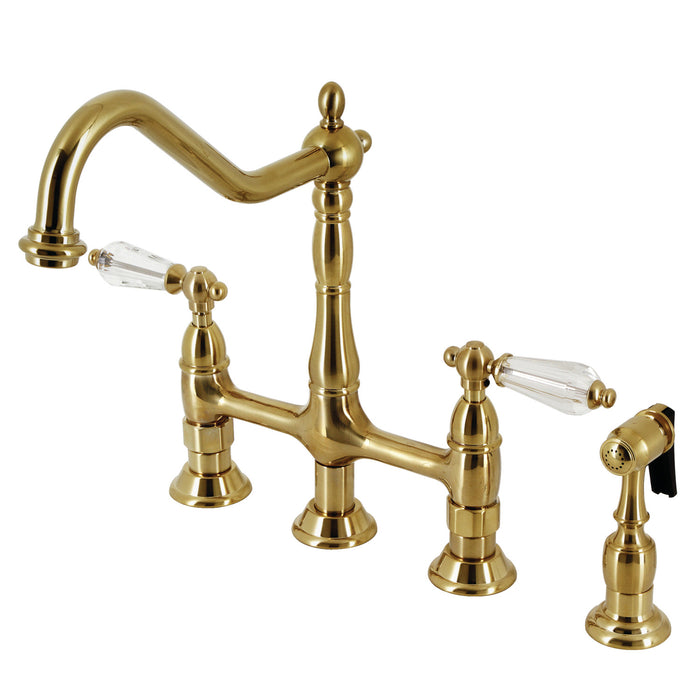 Wilshire KS1277WLLBS Two-Handle 4-Hole Deck Mount Bridge Kitchen Faucet with Brass Side Sprayer, Brushed Brass