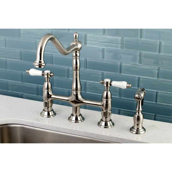 Bel-Air KS1278BPLBS Two-Handle 4-Hole Deck Mount Bridge Kitchen Faucet with Brass Side Sprayer, Brushed Nickel