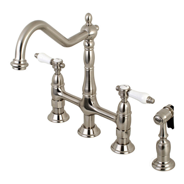 Bel-Air KS1278BPLBS Two-Handle 4-Hole Deck Mount Bridge Kitchen Faucet with Brass Side Sprayer, Brushed Nickel