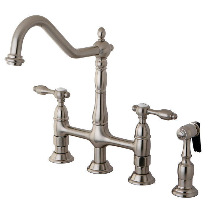 Tudor KS1278TALBS Two-Handle 4-Hole Deck Mount Bridge Kitchen Faucet with Brass Side Sprayer, Brushed Nickel