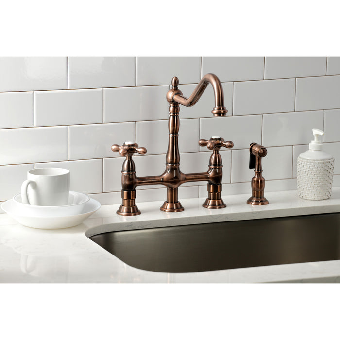 Heritage KS127AXBSAC Two-Handle 4-Hole Deck Mount Bridge Kitchen Faucet with Brass Side Sprayer, Antique Copper