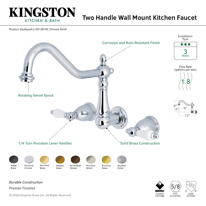 Heritage KS1288PL Two-Handle 3-Hole Wall Mount Kitchen Faucet, Brushed Nickel