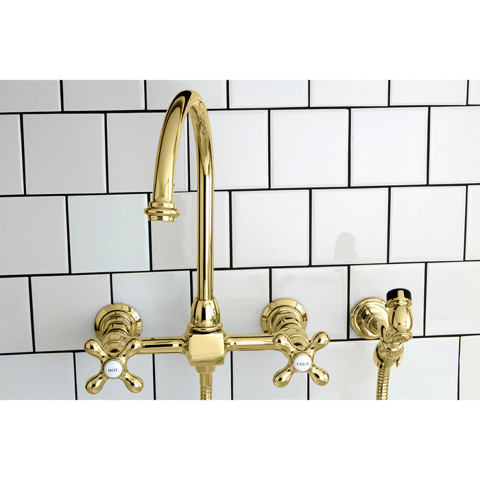 Restoration KS1292AXBS Two-Handle 2-Hole Wall Mount Bridge Kitchen Faucet with Brass Sprayer, Polished Brass