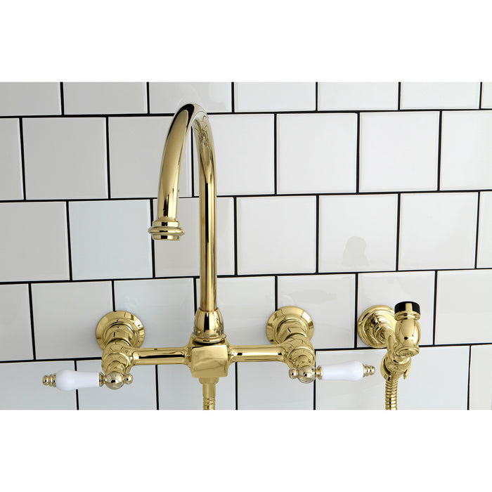 Restoration KS1292PLBS Two-Handle 2-Hole Wall Mount Bridge Kitchen Faucet with Brass Sprayer, Polished Brass