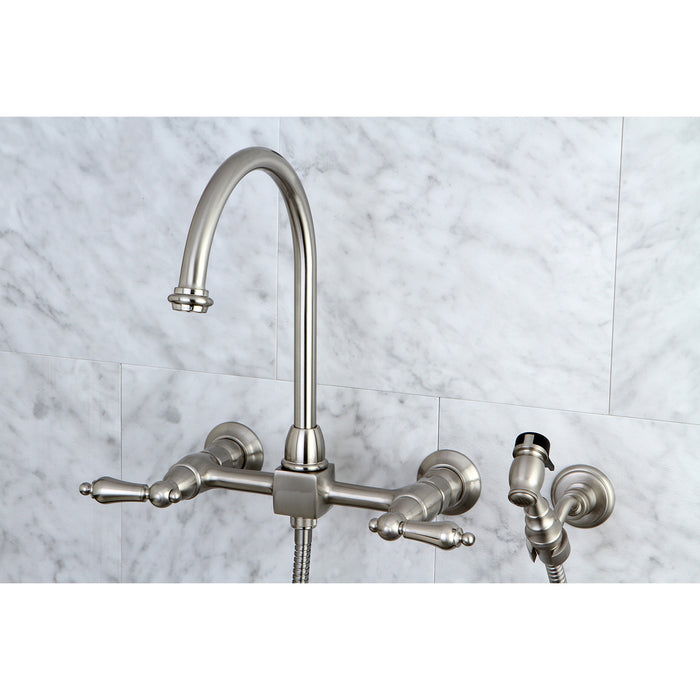 Restoration KS1298ALBS Two-Handle 2-Hole Wall Mount Bridge Kitchen Faucet with Brass Sprayer, Brushed Nickel