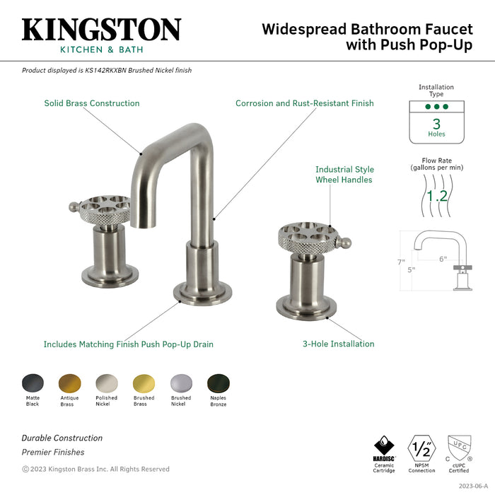 Webb KS142RKXAB Two-Handle 3-Hole Deck Mount Widespread Bathroom Faucet with Knurled Handle and Push Pop-Up Drain, Antique Brass