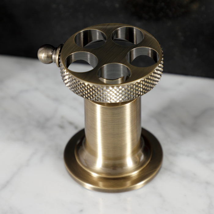 Webb KS142RKXAB Two-Handle 3-Hole Deck Mount Widespread Bathroom Faucet with Knurled Handle and Push Pop-Up Drain, Antique Brass