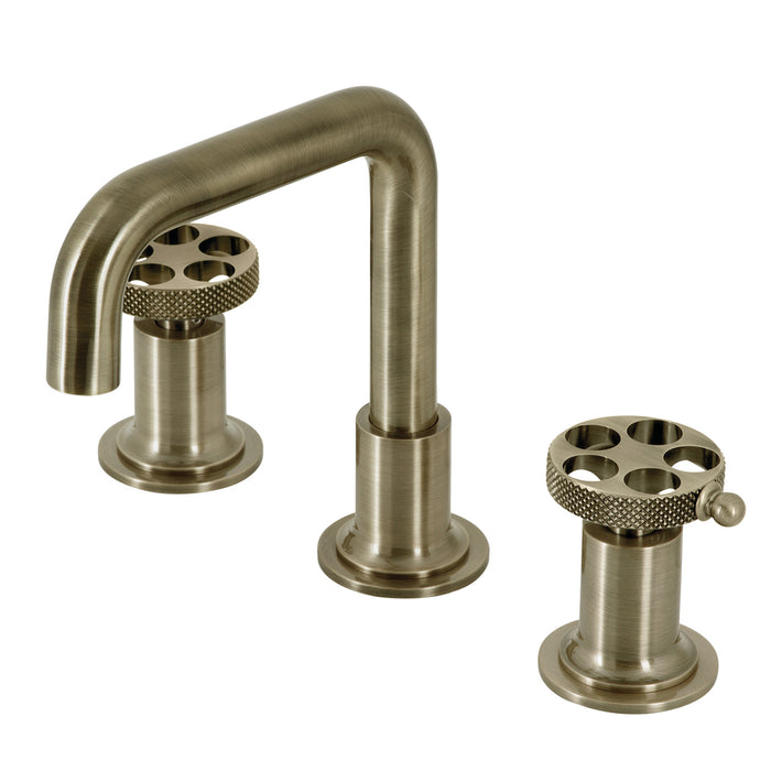 Webb KS142RKXAB Two-Handle 3-Hole Deck Mount Widespread Bathroom Faucet with Knurled Handle and Push Pop-Up Drain, Antique Brass