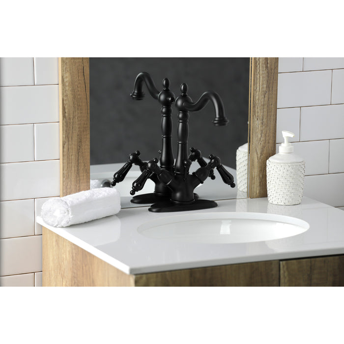 Duchess KS1430PKL Double-Handle 1-or-3 Hole Deck Mount 4-Inch Centerset Bathroom Faucet with Brass Pop-Up, Matte Black