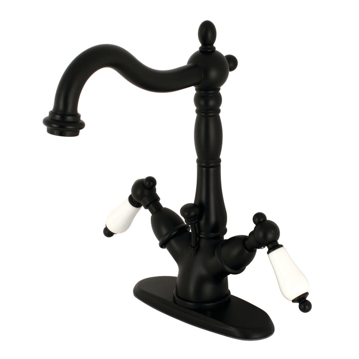 Heritage KS1430PL Double-Handle 1-or-3 Hole Deck Mount 4-Inch Centerset Bathroom Faucet with Brass Pop-Up, Matte Black