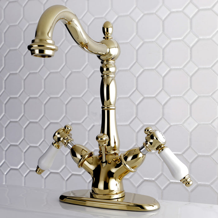 Bel-Air KS1432BPL Double-Handle 1-or-3 Hole Deck Mount 4-Inch Centerset Bathroom Faucet with Brass Pop-Up, Polished Brass