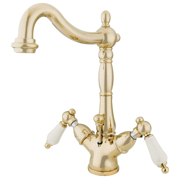 Heritage KS1432PL Double-Handle 1-or-3 Hole Deck Mount 4-Inch Centerset Bathroom Faucet with Brass Pop-Up, Polished Brass