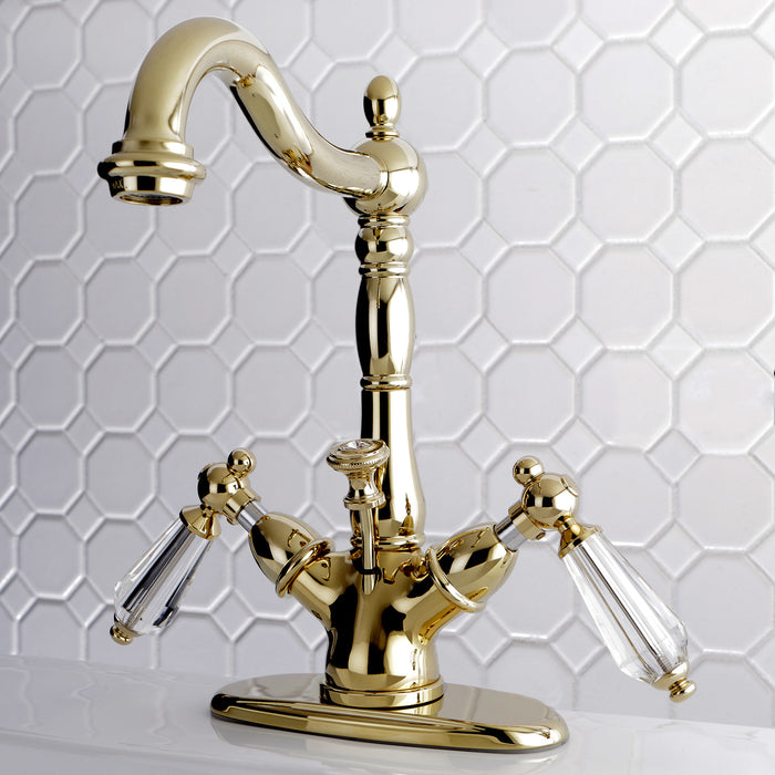 Wilshire KS1432WLL Double-Handle 1-or-3 Hole Deck Mount 4-Inch Centerset Bathroom Faucet with Brass Pop-Up, Polished Brass