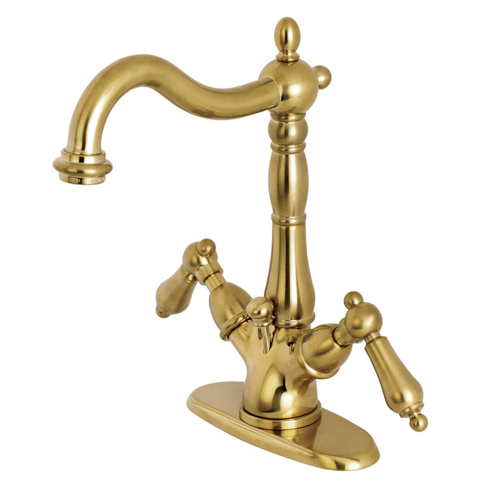 Heritage KS1437AL Double-Handle 1-or-3 Hole Deck Mount 4-Inch Centerset Bathroom Faucet with Brass Pop-Up, Brushed Brass