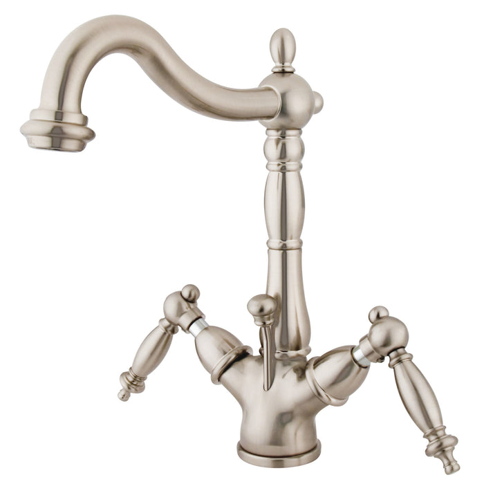 Heritage KS1438TL Double-Handle 1-or-3 Hole Deck Mount 4-Inch Centerset Bathroom Faucet with Brass Pop-Up, Brushed Nickel