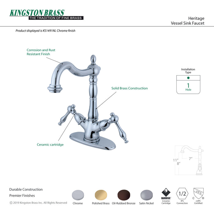 Heritage KS1491NL Two-Handle 1-or-3 Hole Deck Mount Vessel Faucet, Polished Chrome