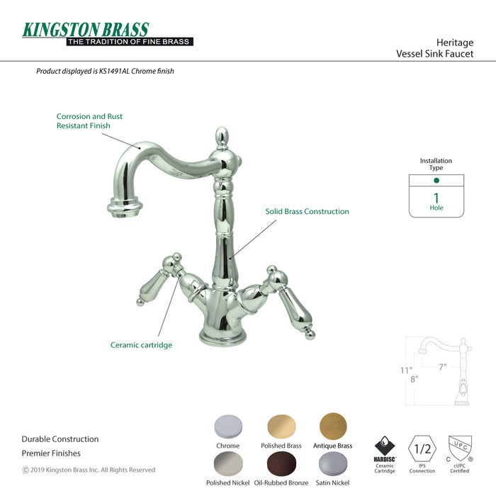 Heritage KS1493AL Two-Handle 1-or-3 Hole Deck Mount Vessel Faucet, Antique Brass