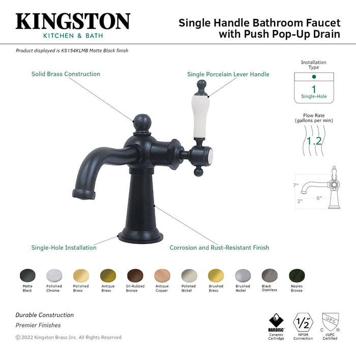 Nautical KS154KLAB One-Handle 1-Hole Bathroom Faucet with Push Pop-Up Drain, Antique Brass