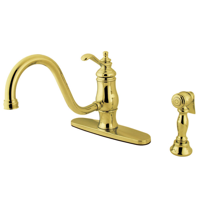 Gourmetier KS1572TLBS Single-Handle 2-or-4 Hole Deck Mount Kitchen Faucet with Brass Side Sprayer, Polished Brass