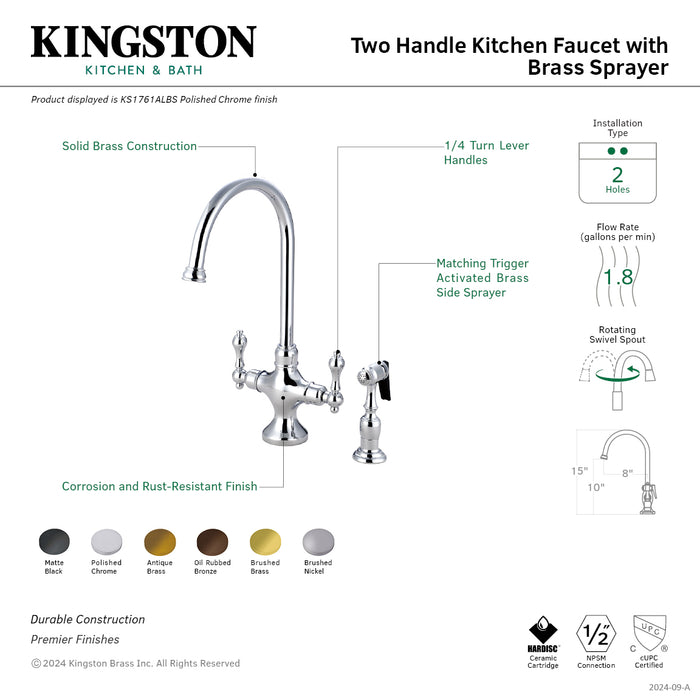 Vintage KS1765ALBS Two-Handle 2-Hole Deck Mount Kitchen Faucet with Brass Sprayer, Oil Rubbed Bronze