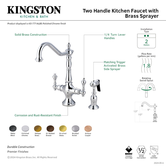 Heritage KS1771ALBS Two-Handle 2-Hole Kitchen Faucet with Brass Sprayer, Polished Chrome