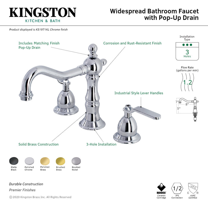 Whitaker KS1970KL Two-Handle 3-Hole Deck Mount Widespread Bathroom Faucet with Brass Pop-Up Drain, Matte Black