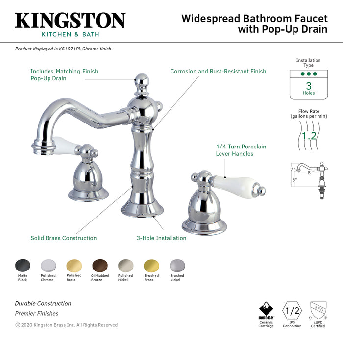 Heritage KS1970PL Two-Handle 3-Hole Deck Mount Widespread Bathroom Faucet with Brass Pop-Up Drain, Matte Black