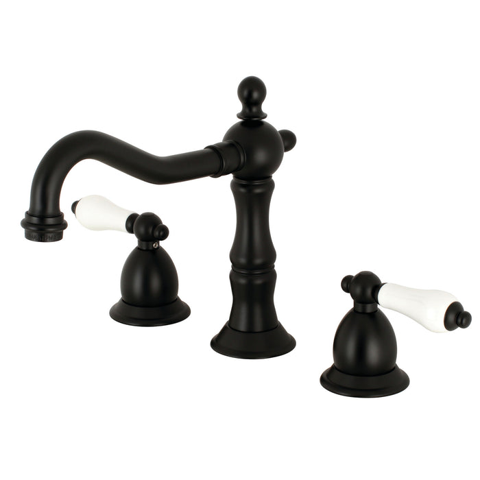 Heritage KS1970PL Two-Handle 3-Hole Deck Mount Widespread Bathroom Faucet with Brass Pop-Up Drain, Matte Black