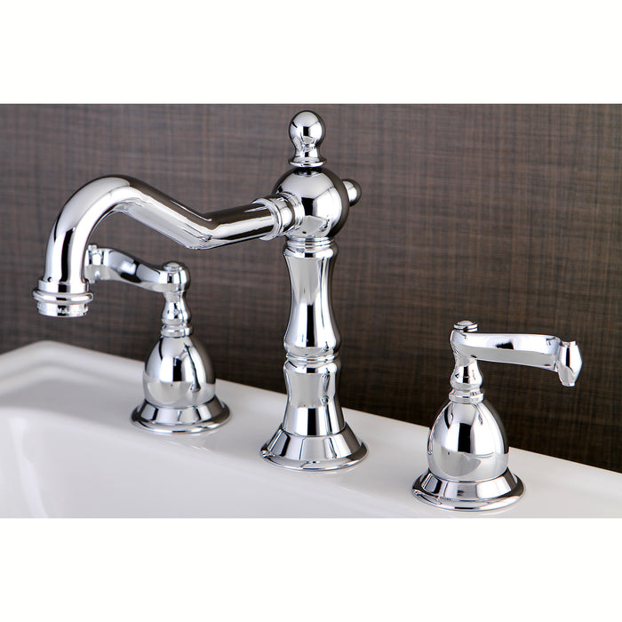 Heritage KS1971FL Two-Handle 3-Hole Deck Mount Widespread Bathroom Faucet with Brass Pop-Up Drain, Polished Chrome