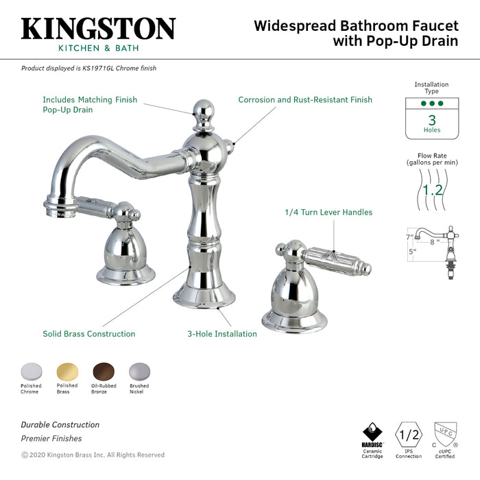 Heritage KS1971GL Two-Handle 3-Hole Deck Mount Widespread Bathroom Faucet with Brass Pop-Up Drain, Polished Chrome