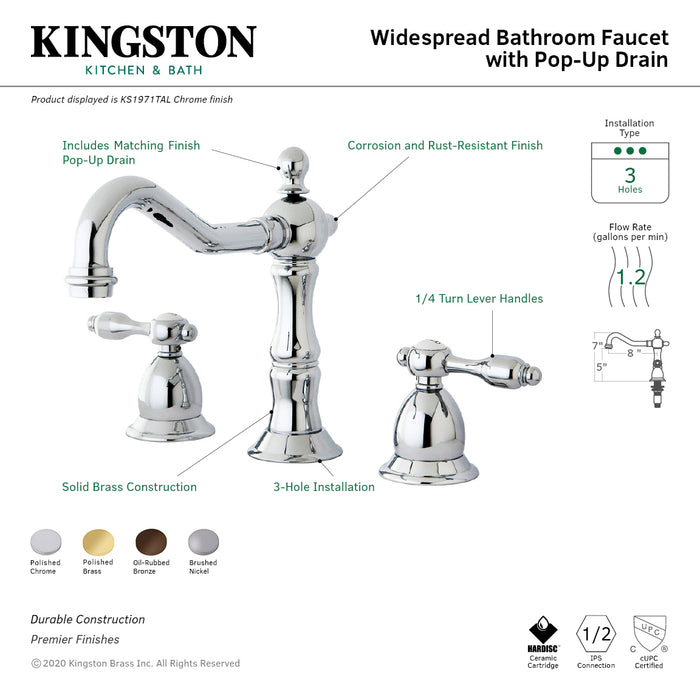 Tudor KS1971TAL Two-Handle 3-Hole Deck Mount Widespread Bathroom Faucet with Brass Pop-Up Drain, Polished Chrome