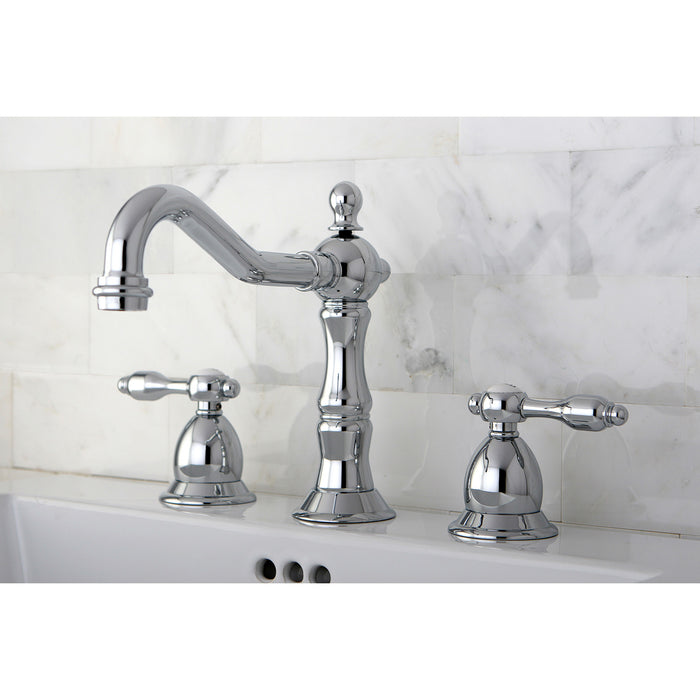 Tudor KS1971TAL Two-Handle 3-Hole Deck Mount Widespread Bathroom Faucet with Brass Pop-Up Drain, Polished Chrome