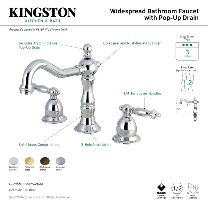 Heritage KS1971TL Two-Handle 3-Hole Deck Mount Widespread Bathroom Faucet with Brass Pop-Up Drain, Polished Chrome