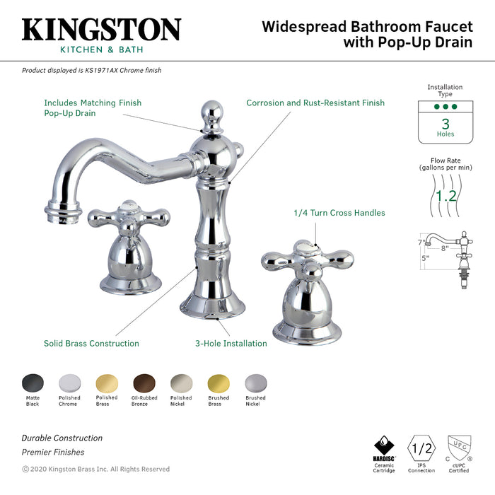 Heritage KS1975AX Two-Handle 3-Hole Deck Mount Widespread Bathroom Faucet with Brass Pop-Up Drain, Oil Rubbed Bronze