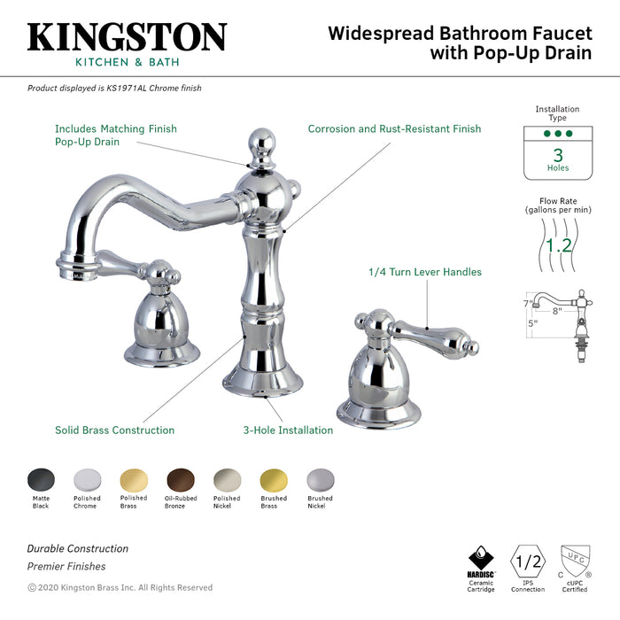 Heritage KS1976AL Two-Handle 3-Hole Deck Mount Widespread Bathroom Faucet with Brass Pop-Up Drain, Polished Nickel