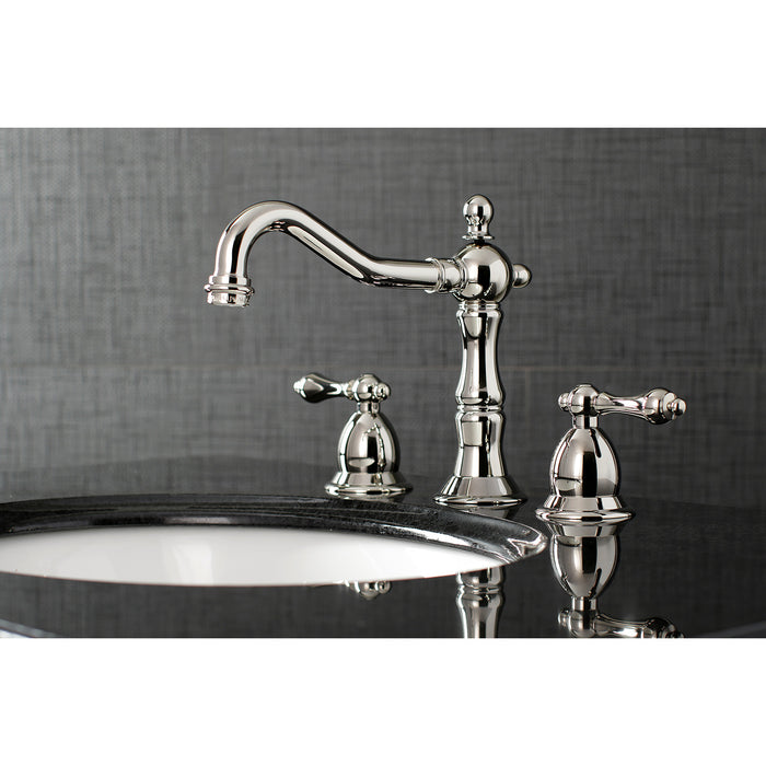 Heritage KS1976AL Two-Handle 3-Hole Deck Mount Widespread Bathroom Faucet with Brass Pop-Up Drain, Polished Nickel