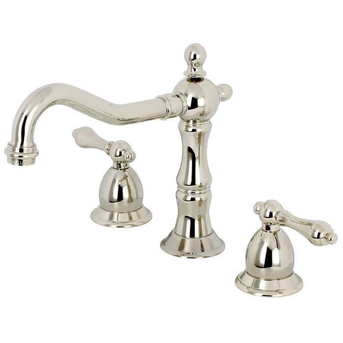 Heritage KS1976AL Two-Handle 3-Hole Deck Mount Widespread Bathroom Faucet with Brass Pop-Up Drain, Polished Nickel