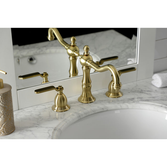 Whitaker KS1977KL Two-Handle 3-Hole Deck Mount Widespread Bathroom Faucet with Brass Pop-Up Drain, Brushed Brass