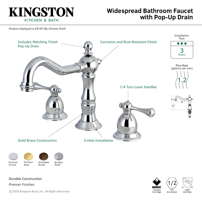 Heritage KS1978BL Two-Handle 3-Hole Deck Mount Widespread Bathroom Faucet with Brass Pop-Up Drain, Brushed Nickel