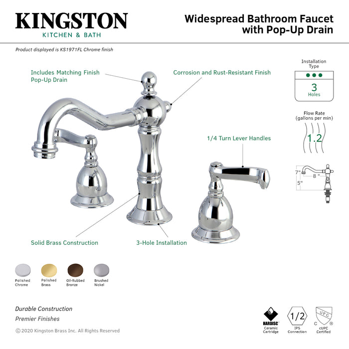 Heritage KS1978FL Two-Handle 3-Hole Deck Mount Widespread Bathroom Faucet with Brass Pop-Up Drain, Brushed Nickel