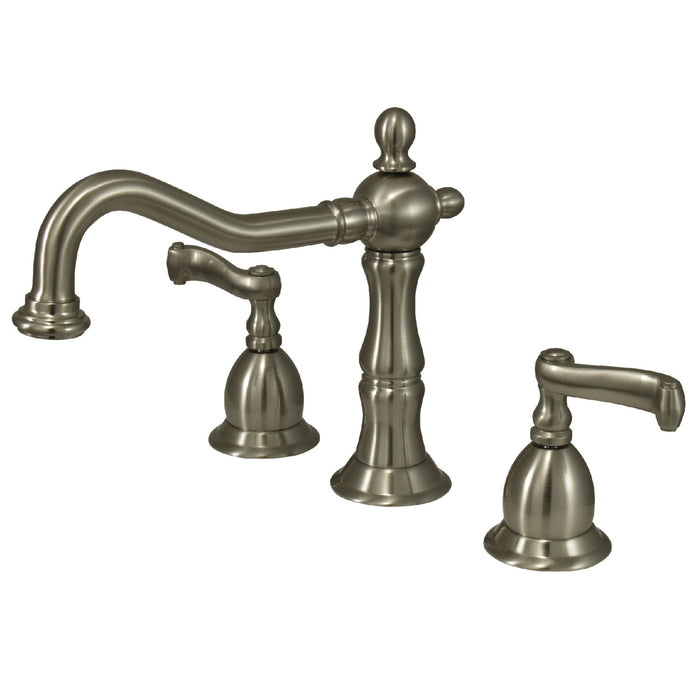 Heritage KS1978FL Two-Handle 3-Hole Deck Mount Widespread Bathroom Faucet with Brass Pop-Up Drain, Brushed Nickel