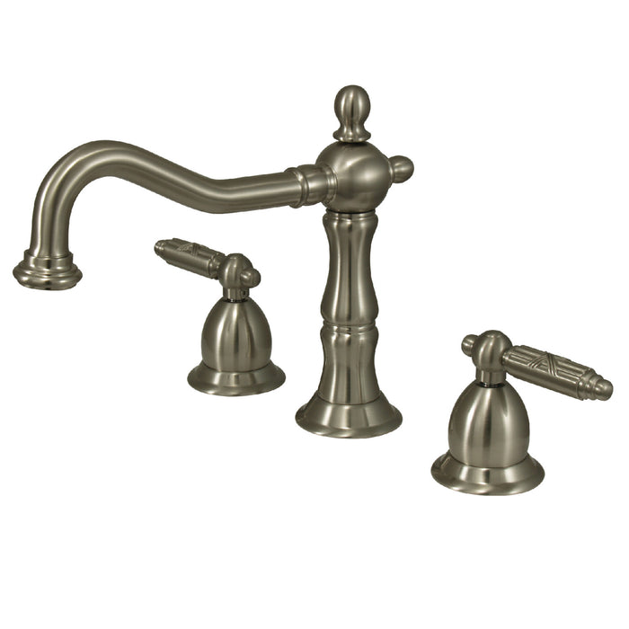 Heritage KS1978GL Two-Handle 3-Hole Deck Mount Widespread Bathroom Faucet with Brass Pop-Up Drain, Brushed Nickel